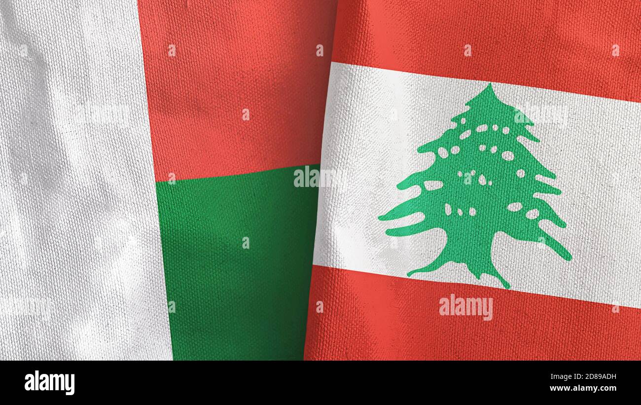 Libanon und Madagaskar zwei Flaggen Textil Stoff 3D-Rendering Stockfoto