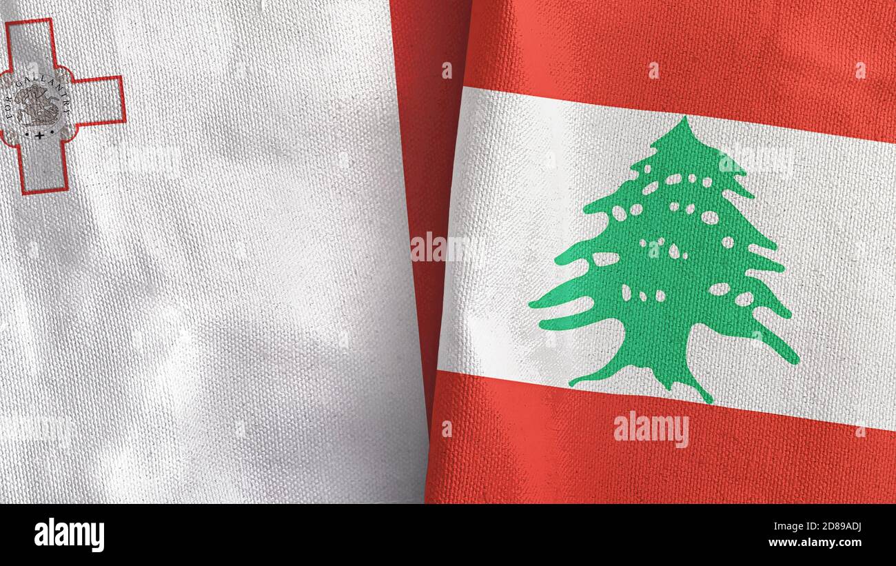 Libanon und Malta zwei Flaggen Textil-Tuch 3D-Rendering Stockfoto