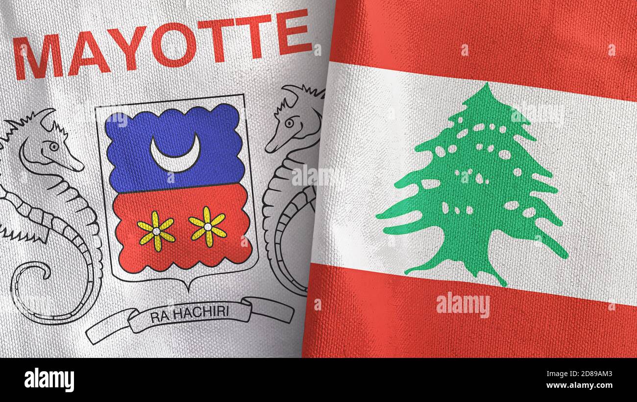 Libanon und Mayotte zwei Flaggen Textil Stoff 3D-Rendering Stockfoto
