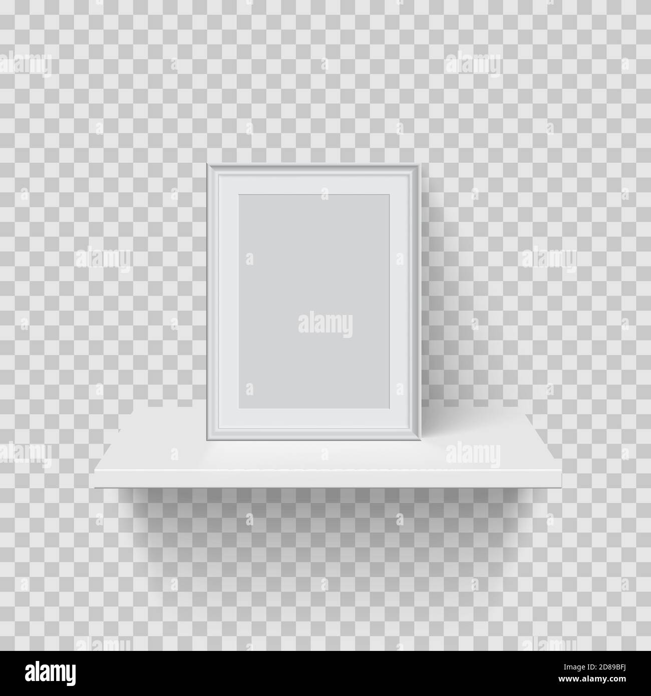 Rahmen für Bild auf weißem Regal. Platz für Bild, Malerei, Karte oder Foto. 3d realistische moderne Vorlage Vektor Illustration. Einfaches Büro Stock Vektor
