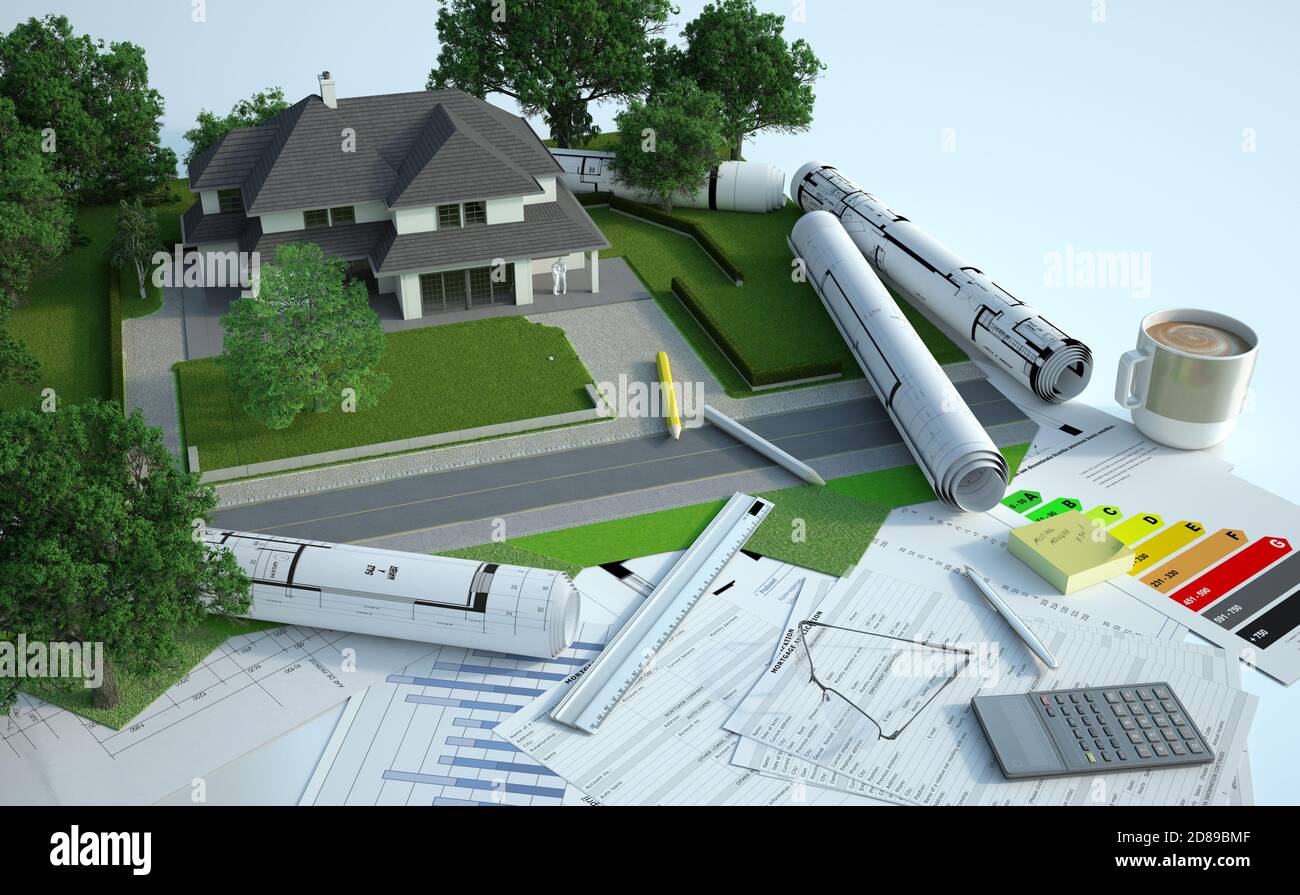 3D-Rendering eines Hausmodells mit einer Familie auf Blaupausen, Energieeffizienzdiagrammen und anderen Dokumenten Stockfoto