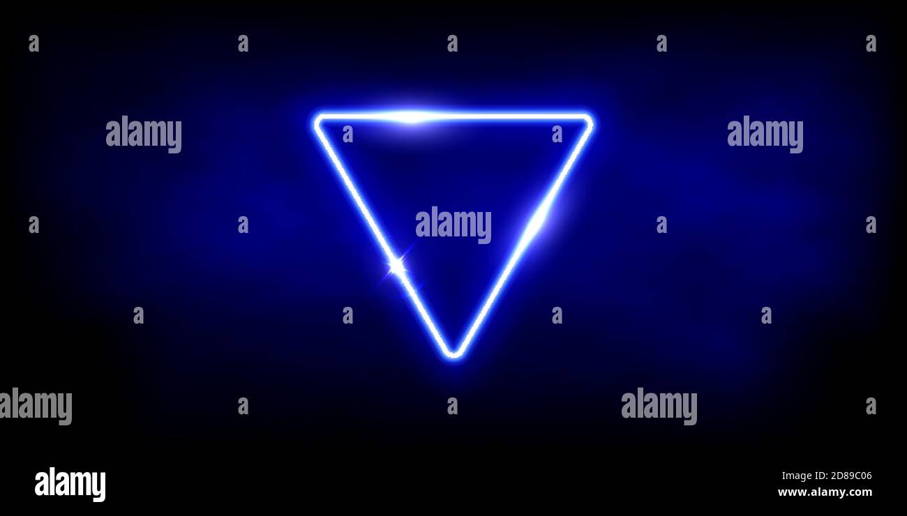 Leuchtendes neonblaues Dreieck mit funkelt im Nebel abstrakten Hintergrund. Elektrischer Leuchtrahmen. Geometrische Mode Design Vektor Illustration. Minimum leer Stock Vektor