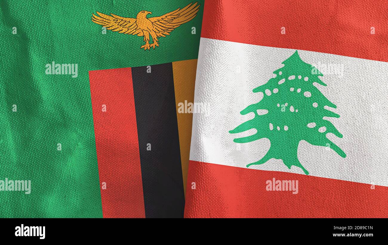 Libanon und Sambia zwei Flaggen Textil-Tuch 3D-Rendering Stockfoto