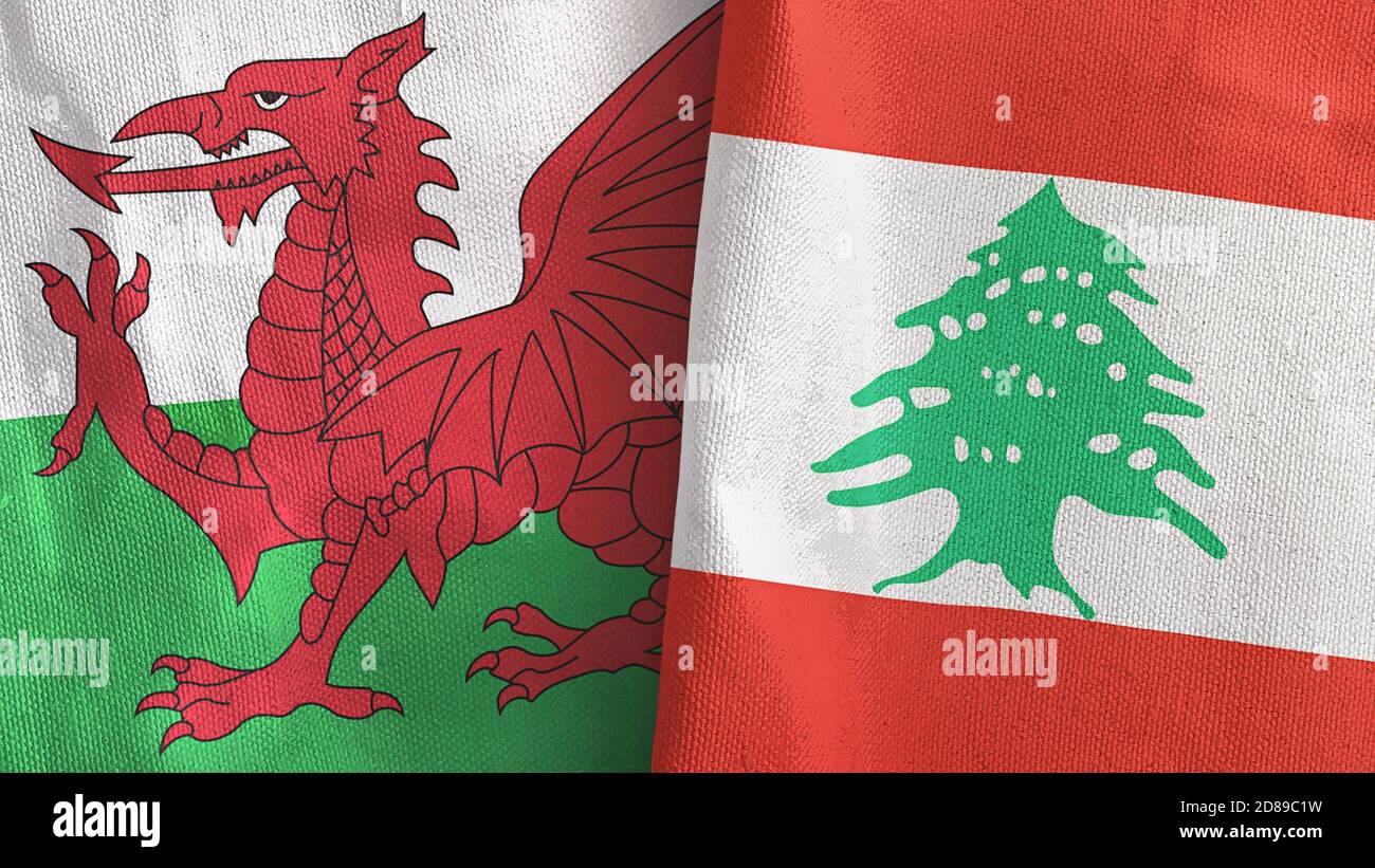 Libanon und Wales zwei Flaggen Textil Stoff 3D-Rendering Stockfoto