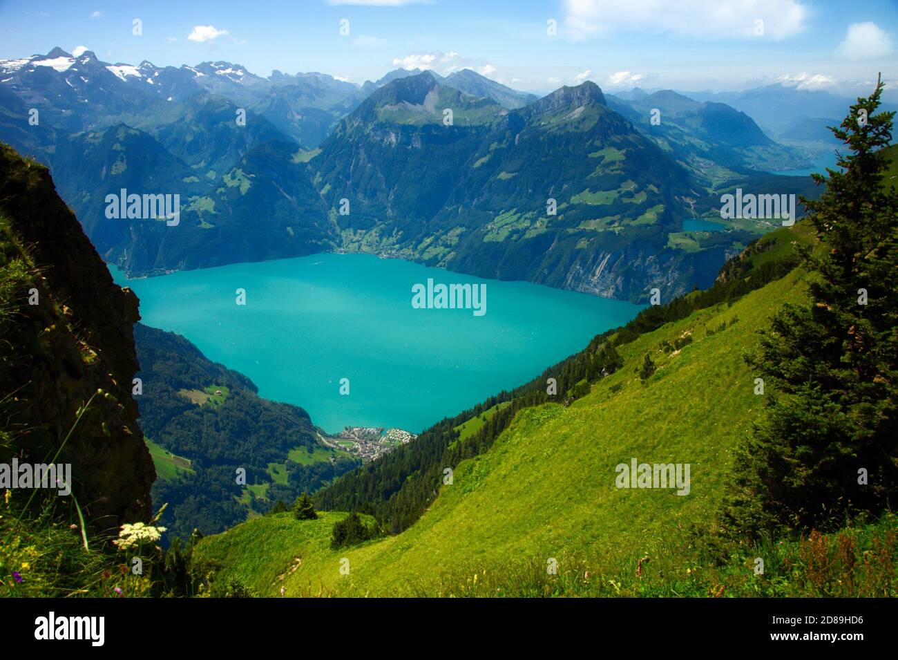 Blick auf einen Bergsee vom Klingenstock, Schwyz, Schweiz Stockfoto