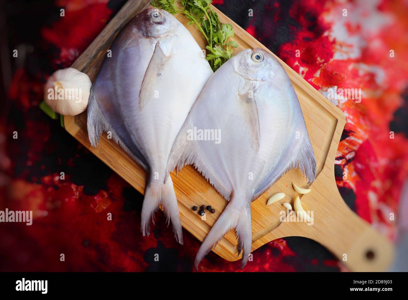 Weißer Pomfret-Fisch auf einem Holzbrett mit Knoblauchzehen, schwarzen Pfefferkernen und Koriander. Frischer Fisch mit Silberbutter. Stockfoto