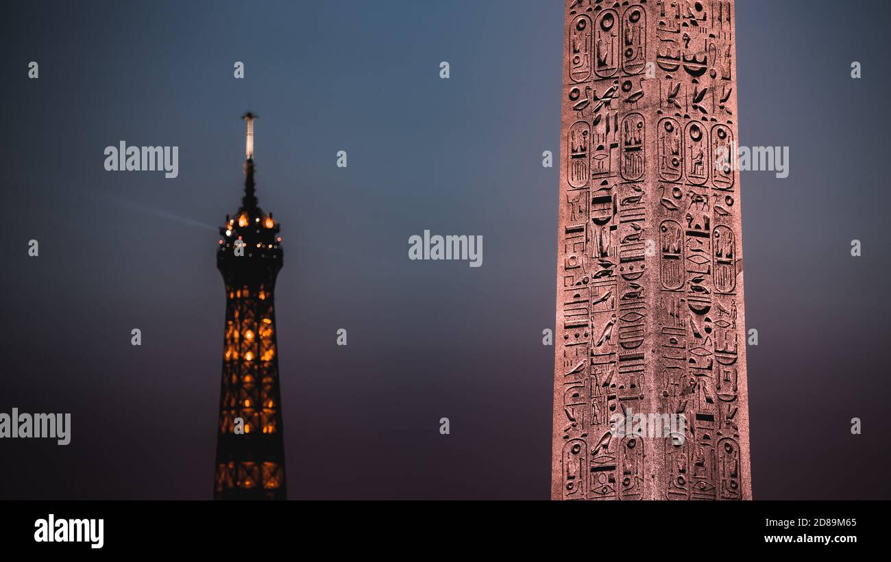 Gegenüberstellung von Tour Eiffel und Concorde Obelisk Stockfoto