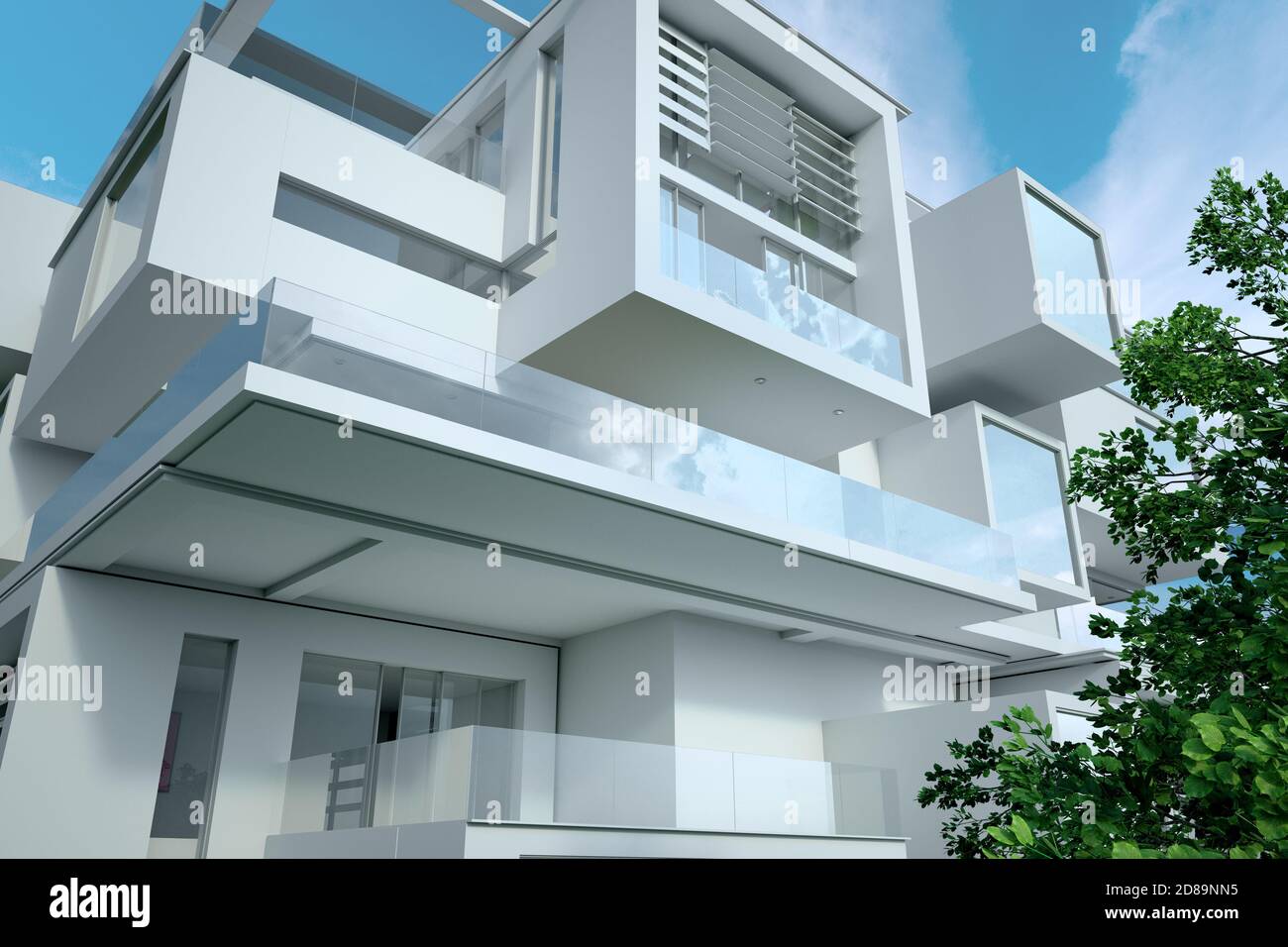 3D-Darstellung eines modernen kubischen Hauses, Nahaufnahme Stockfoto