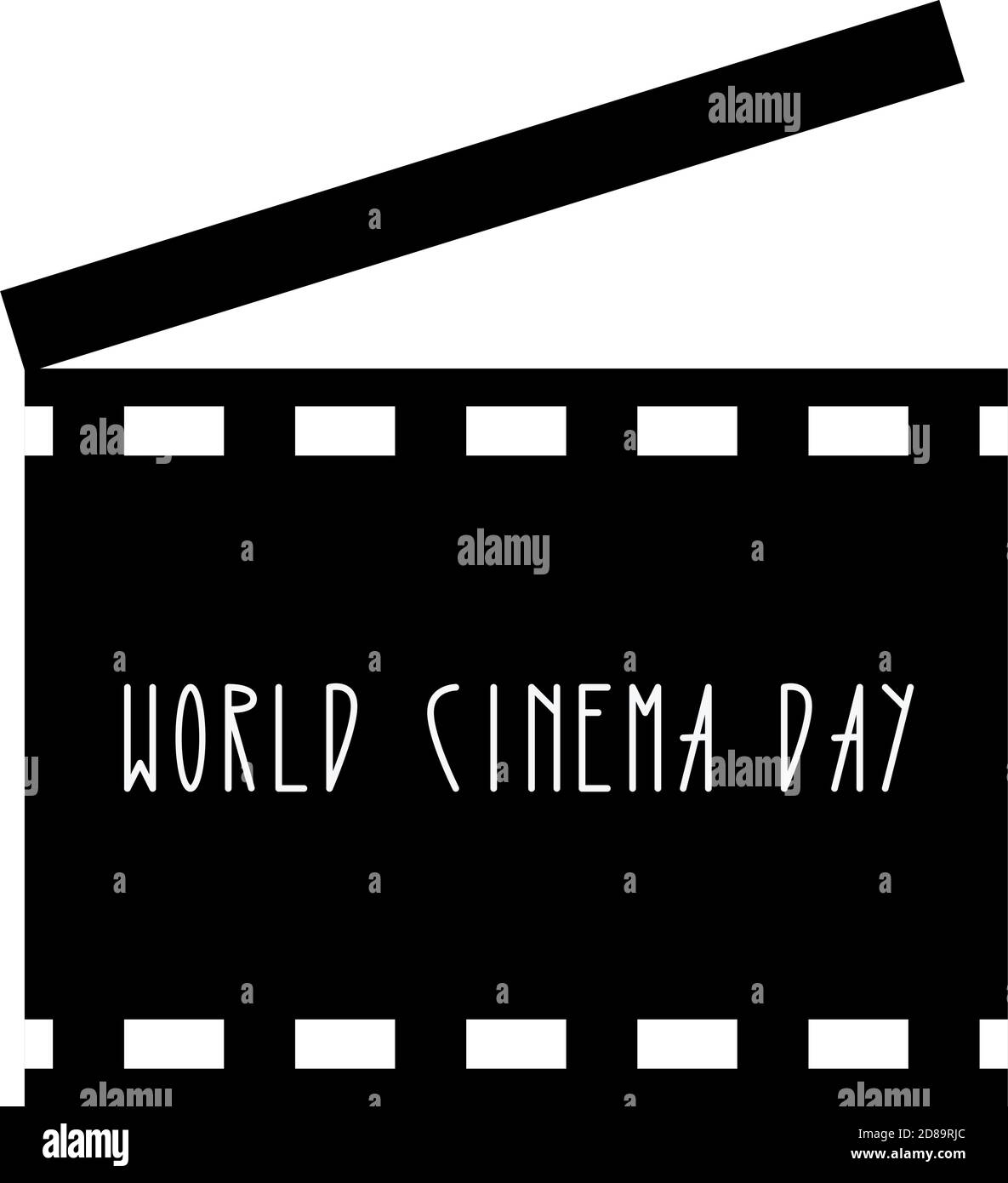 Weltkinotag. Geöffneter Film Film Klatschbrett und Text. Design-Vorlage von Klappbrett, Slapstick, Filmemachen Gerät. Vorderansicht. Isolierter Vektor il Stock Vektor