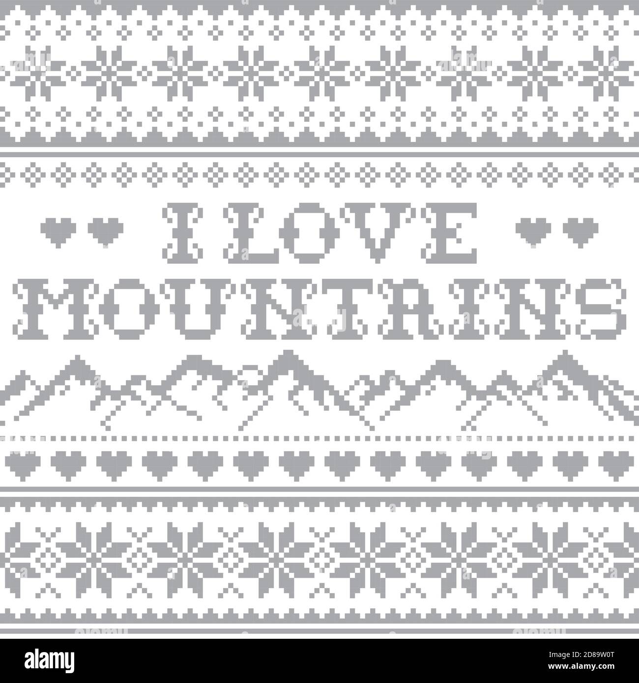 Ich liebe Berge Vektor nahtloses graues Muster, Fair Isle Stil traditionelle Kreuzstich-Design - Wandern, Ski und Snowboard-Konzept Stock Vektor