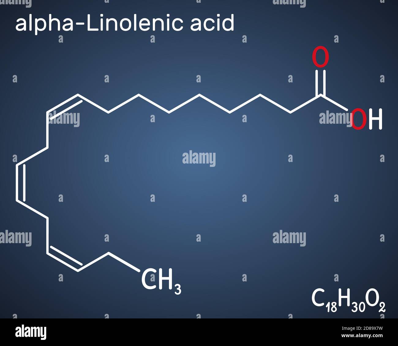 Alpha-Linolensäure, ALA-Molekül. Carbonsäure, mehrfach ungesättigte Omega-3-Fettsäuren. Bestandteil vieler gängiger pflanzlicher Öle. Dunkelblauer Hintergrund. Vec Stock Vektor