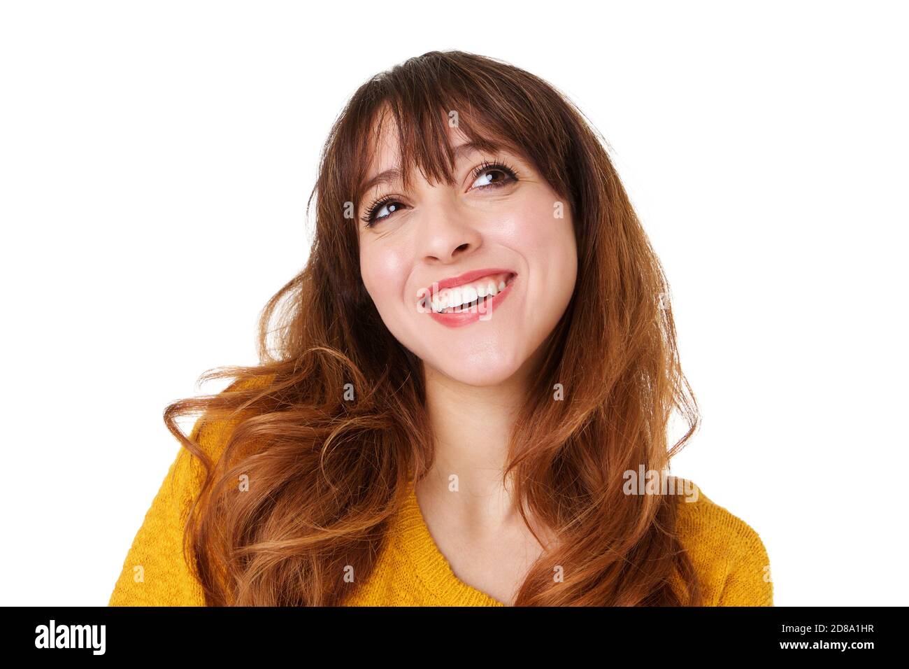 Nahaufnahme Porträt der glücklichen jungen Frau suchen auf Isolierter weißer Hintergrund Stockfoto