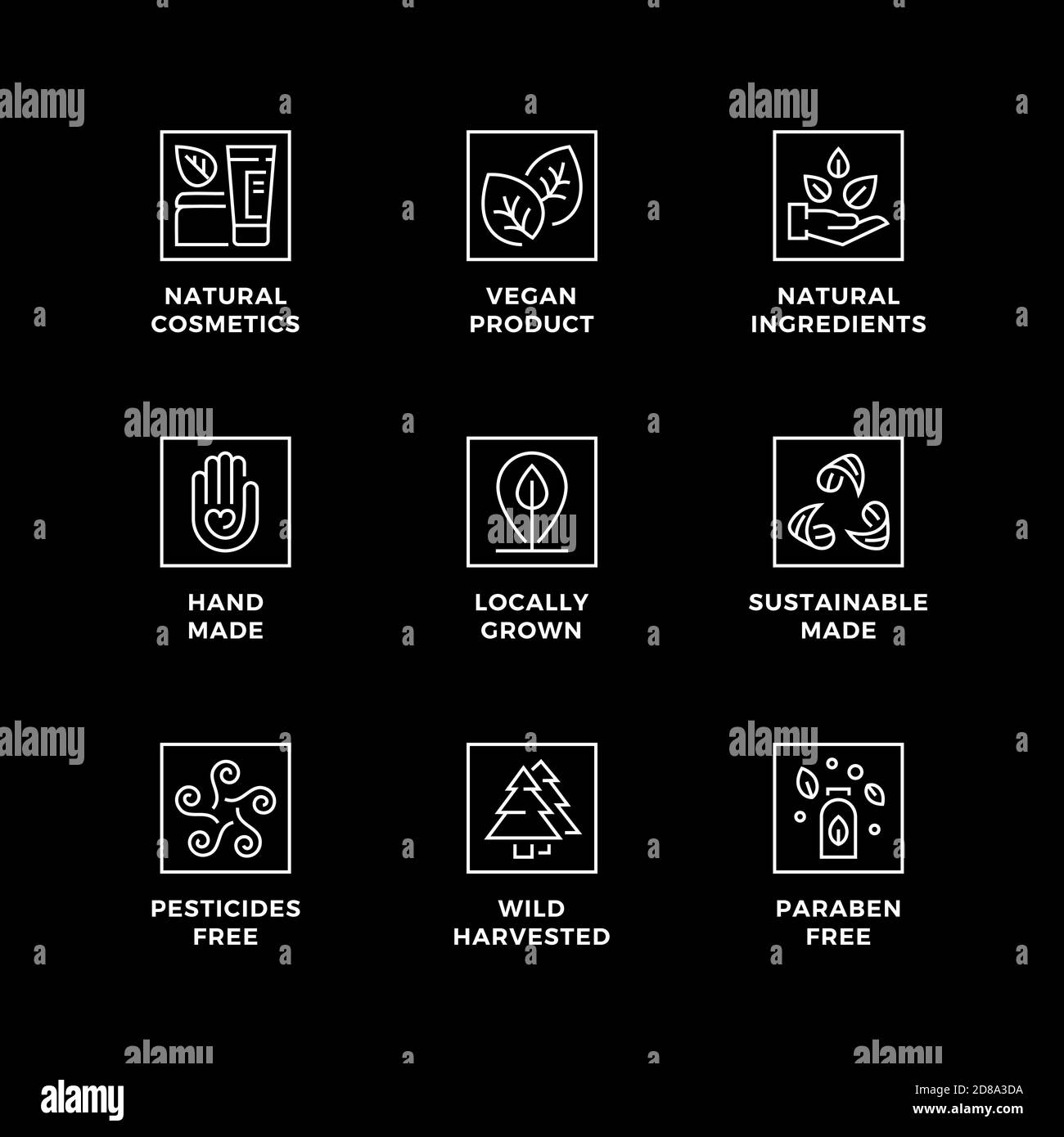 Vektor-Set von Design-Elementen, Logo-Design-Vorlage, Symbole und Abzeichen für Öko-und Bio-Produkte. Schwarz-Weiß, Strichsymbole, bearbeitbare Kontur. Stock Vektor