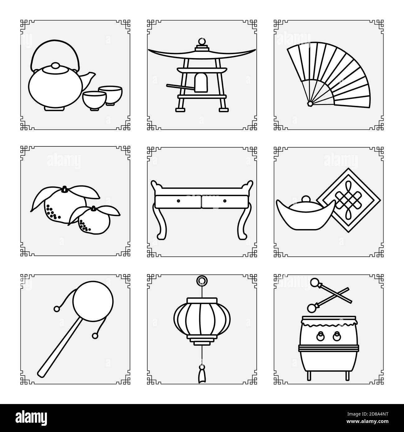 Symbole des chinesischen Neujahrs 2021 Vektor-Illustration Chinesische Laterne, Glocke, Fächer, Teekanne und Tassen, Tisch, Ingot, Trommel, Mandarinen, Rassel. Urlaub Stock Vektor