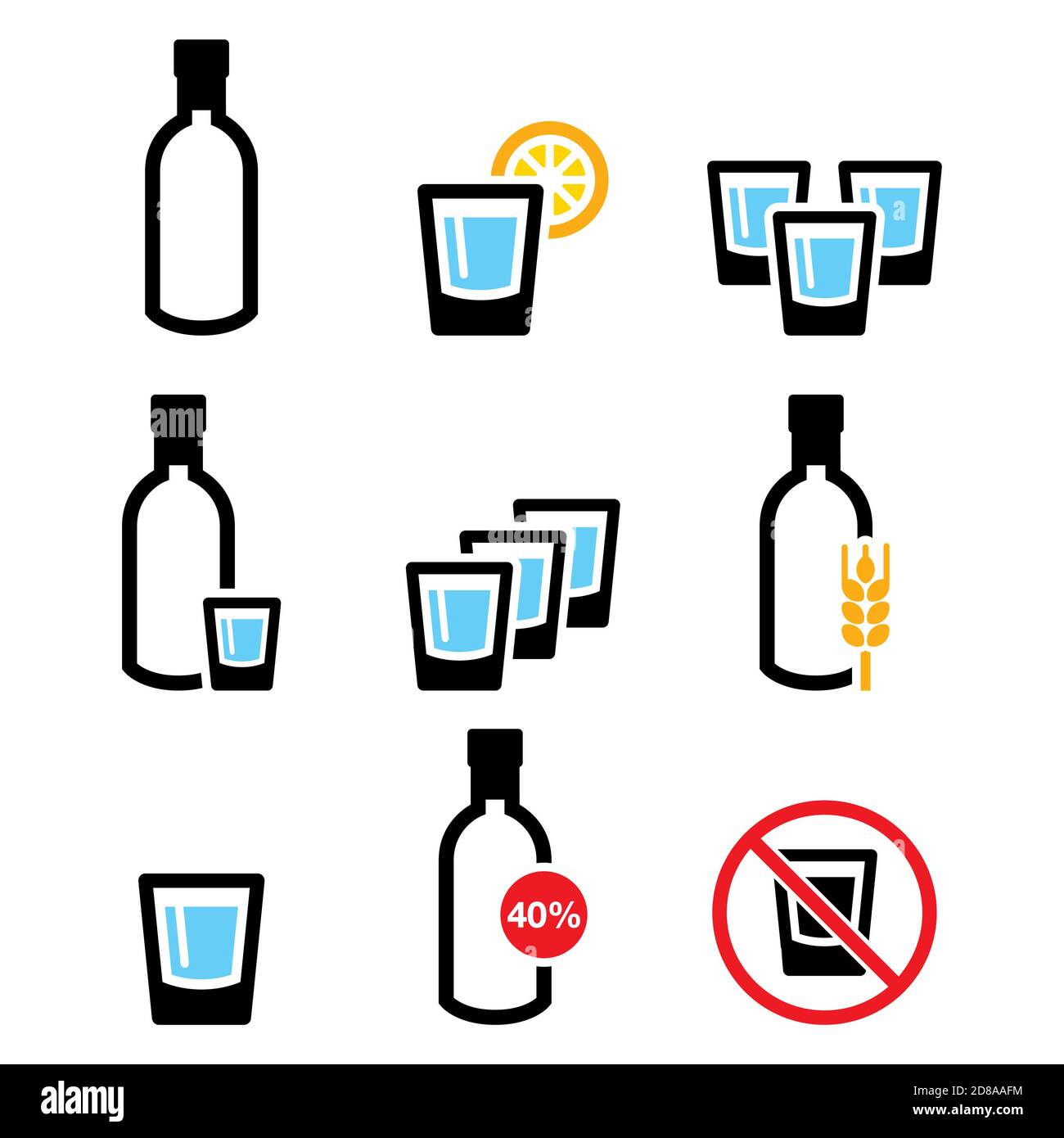 Wodka Schuss und Flasche, starke Alkohol Vektor Icon-Set - Pub, kein Trinken Warnzeichen, sucht Konzept Stock Vektor