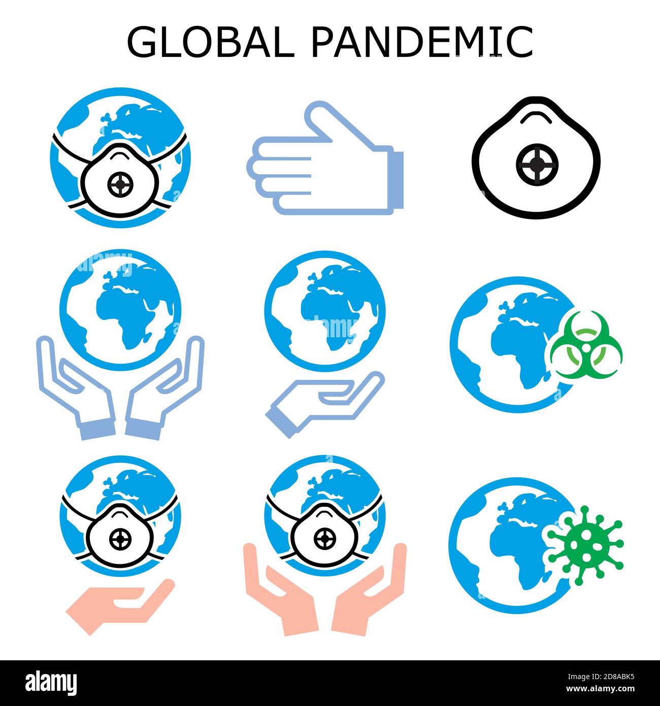 Globale Pandemie Vektor-Farbsymbole gesetzt, Schutz der Welt vor der Verbreitung eines Virus, Globus in epidemische Gefahr Konzept Stock Vektor