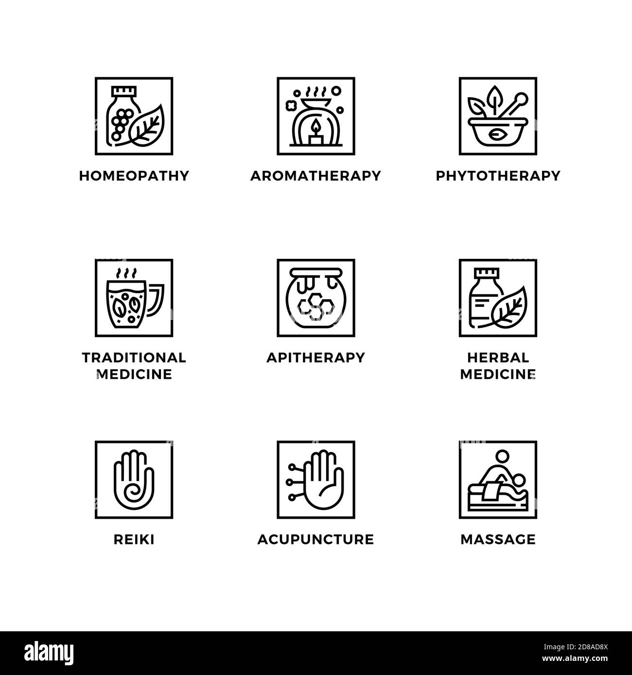 Vektor-Set von Design-Elementen, Logo-Design-Vorlage, Symbole und Abzeichen für alternative Medizin. Liniensymbole gesetzt, bearbeitbare Kontur. Stock Vektor