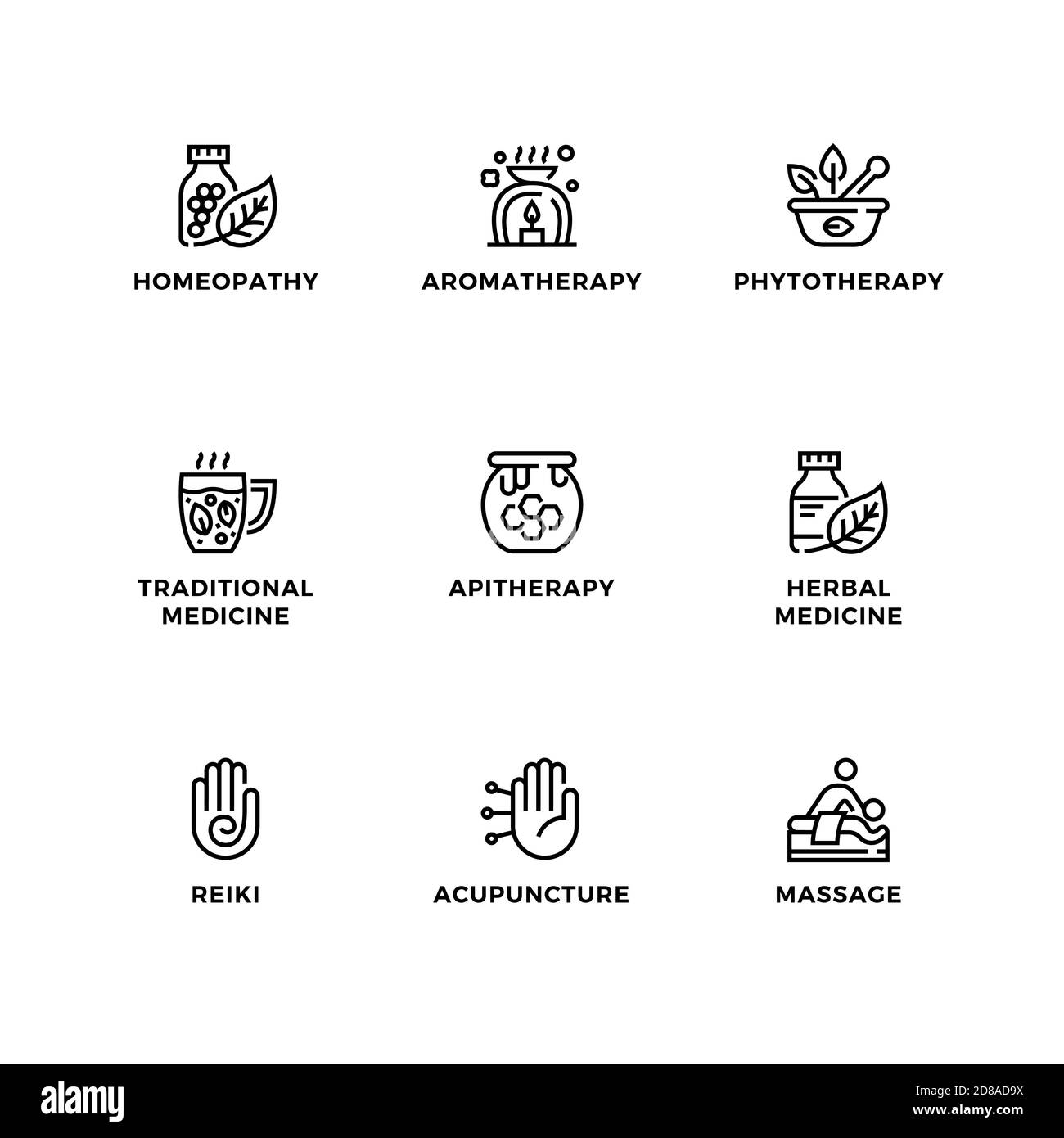 Vektor-Set von Design-Elementen, Logo-Design-Vorlage, Symbole und Abzeichen für alternative Medizin. Liniensymbole gesetzt, bearbeitbare Kontur. Stock Vektor