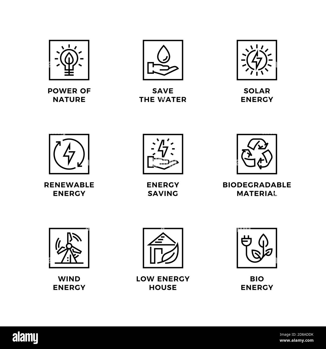 Vektor-Set von Design-Elementen, Logo-Design-Vorlage, Symbole und Abzeichen für Öko-Energie. Liniensymbole gesetzt, bearbeitbare Kontur. Stock Vektor