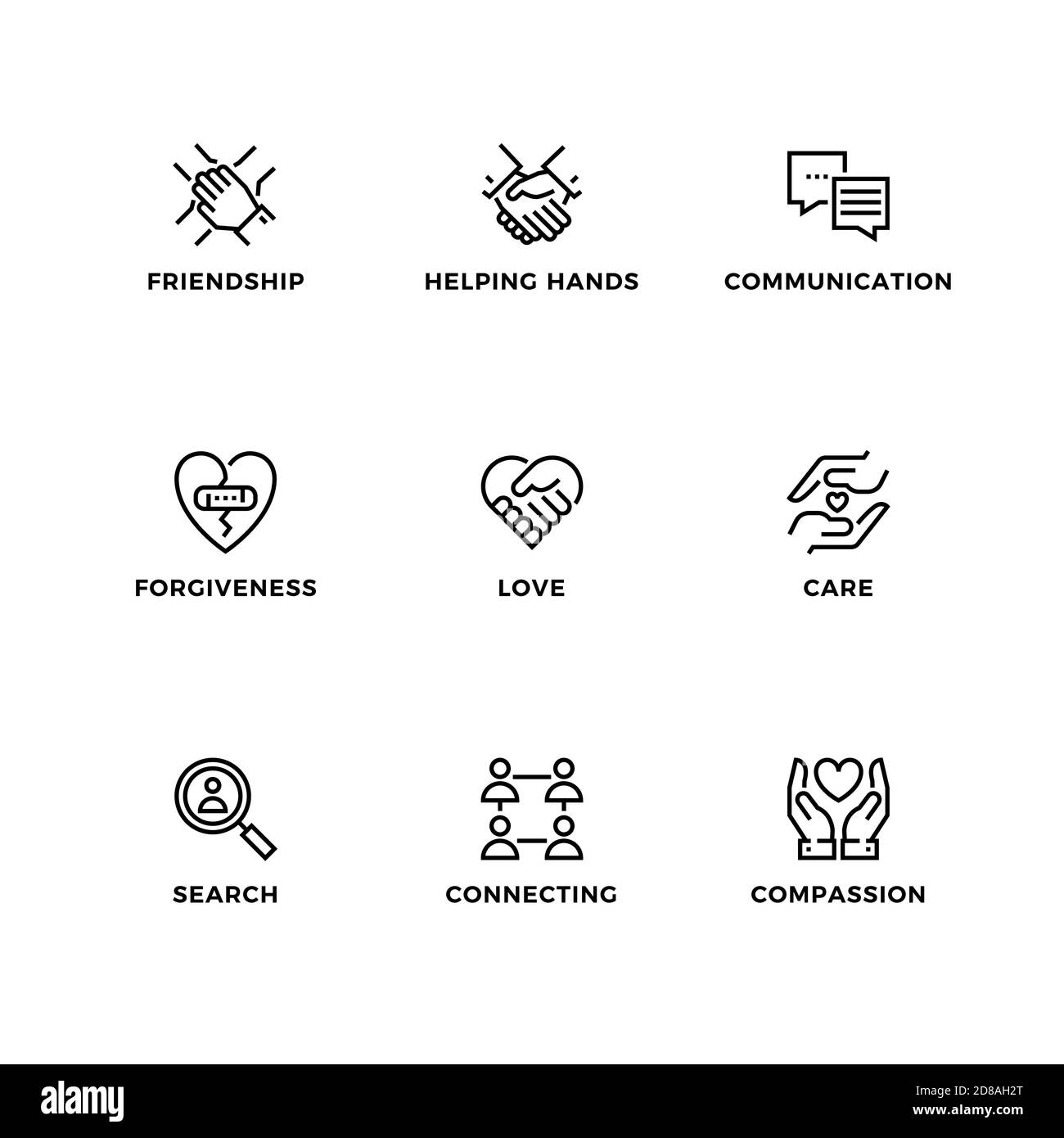 Vektor-Set von Design-Elementen, Logo-Design-Vorlage, Symbole und Abzeichen für Freundschaft. Liniensymbole gesetzt, bearbeitbare Kontur. Stock Vektor
