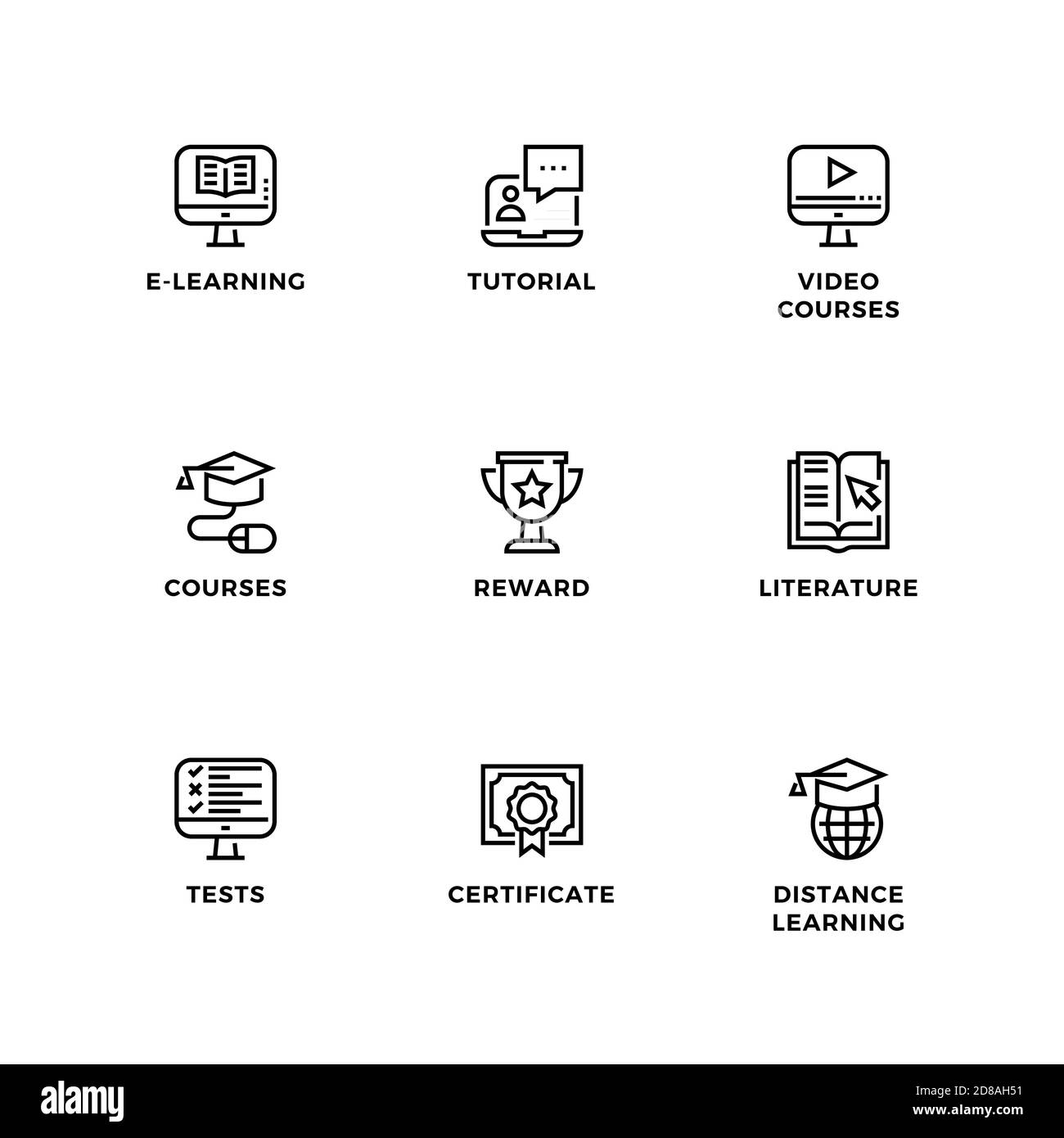 Vektor-Set von Design-Elementen, Logo-Design-Vorlage, Symbole und Abzeichen für Online-Bildung. Liniensymbole gesetzt, bearbeitbare Kontur. Stock Vektor