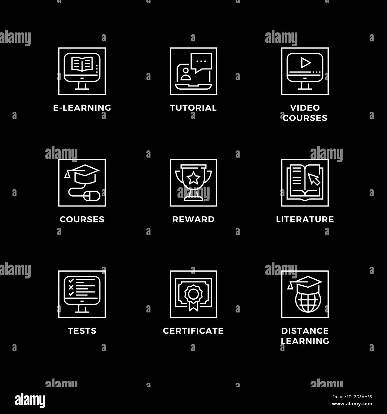 Vektor-Set von Design-Elementen, Logo-Design-Vorlage, Symbole und Abzeichen für Online-Bildung. Liniensymbole gesetzt, bearbeitbare Kontur. Stock Vektor