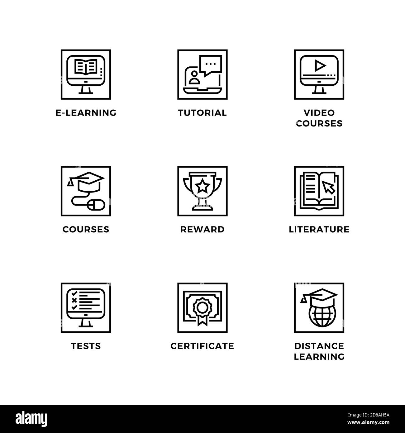 Vektor-Set von Design-Elementen, Logo-Design-Vorlage, Symbole und Abzeichen für Online-Bildung. Liniensymbole gesetzt, bearbeitbare Kontur. Stock Vektor