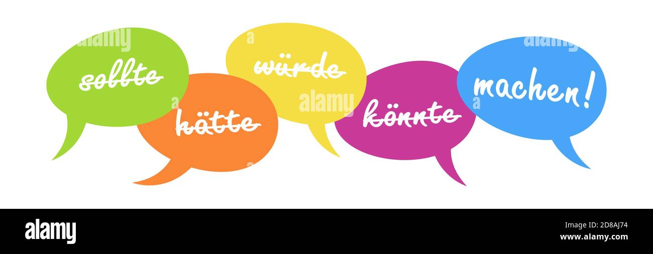 EPS Vektor Illustration von Sprechblasen mit verschiedenen woulds und Coulds und DO IT Motivation (Text in deutsch) Stock Vektor