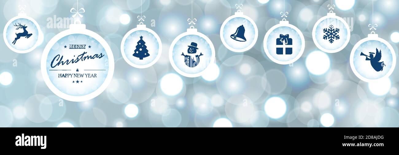 eps-Vektordatei mit hängenden Kugeln mit weihnachtssymbolen und schönen Grüßen für weihnachten und Winterkonzepte, Hintergrund mit Lichteffekten Stock Vektor