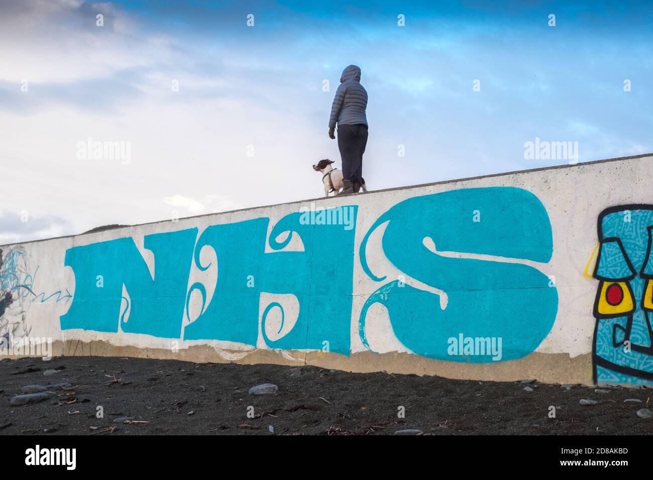 Vielen Dank NHS, NHS, National Health Service, große handgemachte, Graffiti, Graffiti, Wand, Schild, Beschilderung, auf, Meeresmauer, Meeresverteidigung, Wand, neben, Strand, in, Aberystwyth, Aberystwyth Stadt, Stadt, Stadtzentrum, Stadtzentrum, Cardigan Bay, Küste, Küste, Student, Studentenstadt, Wales, Mid Wales, Wales, Welsh Strand, Europa, Firedown, Assembly Break, Walism Stockfoto