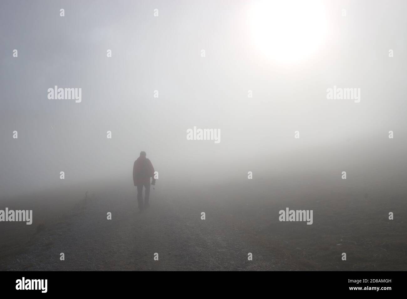 Ein Mann geht in dichtem Nebel einen Hügel hinauf. Auf einem Bergwanderweg, Höhe ca. 1300 m. Hinterstoder, Oberösterreich, Europa. Stockfoto