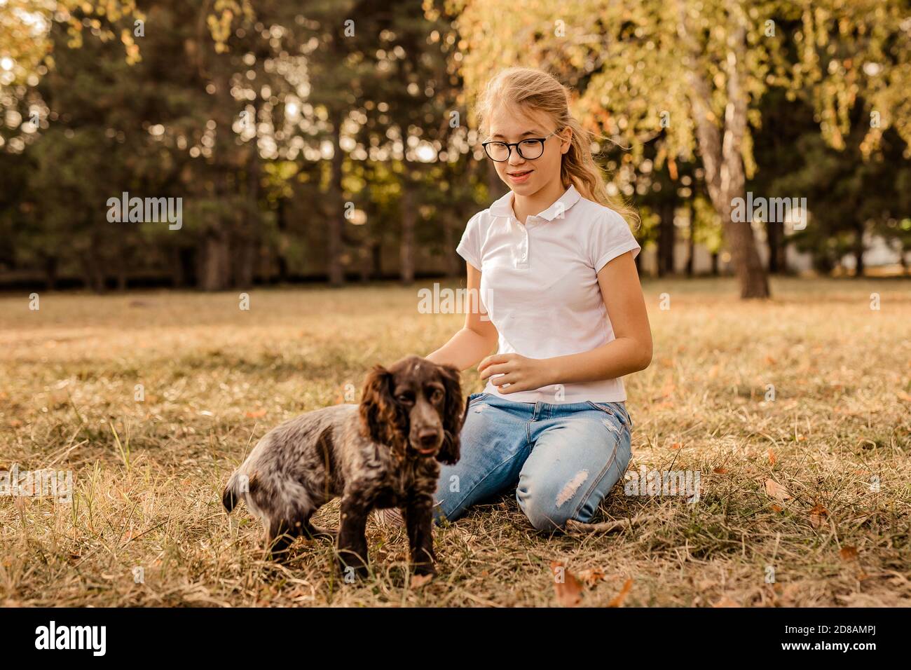 Teenager blonde Mädchen mit großen Gläsern lachen und spielen mit kleinen Welpen Spaniel im warmen Park. Stockfoto