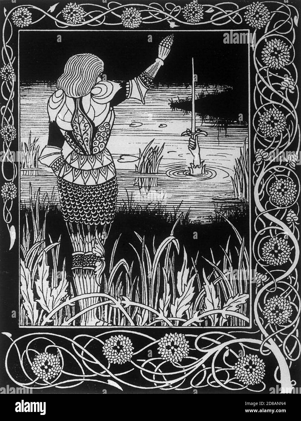 SIR BEDIVERE wirft das Schwert Excalibur in den See hinein Die Legende von König Arthur Stockfoto