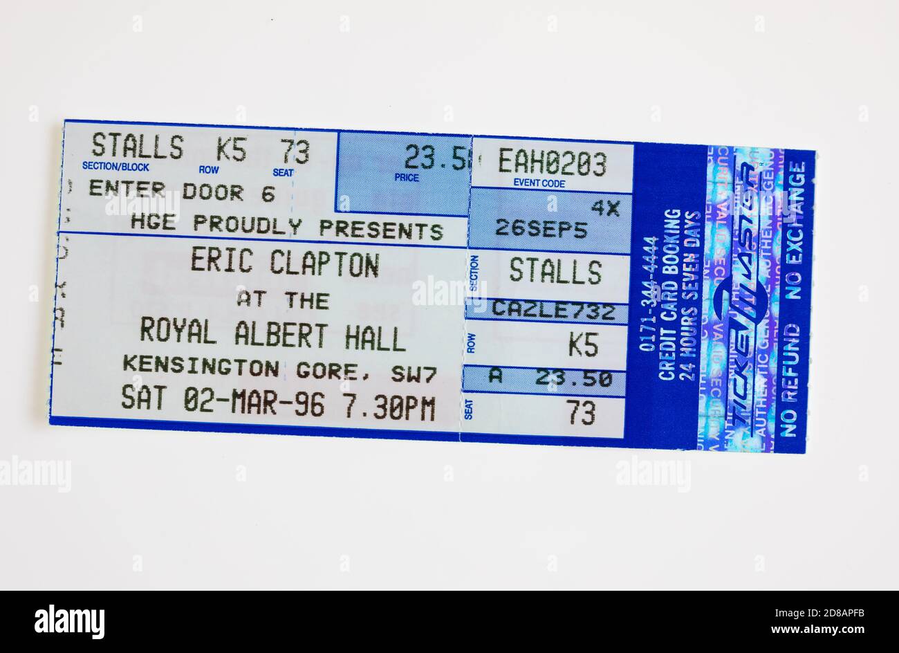 Eintrittskarte für Eric Clapton in der Royal Albert Hall, London am Samstag, 2. März 1996. * Dies ist ein Stockfoto, kein Ticket* Stockfoto