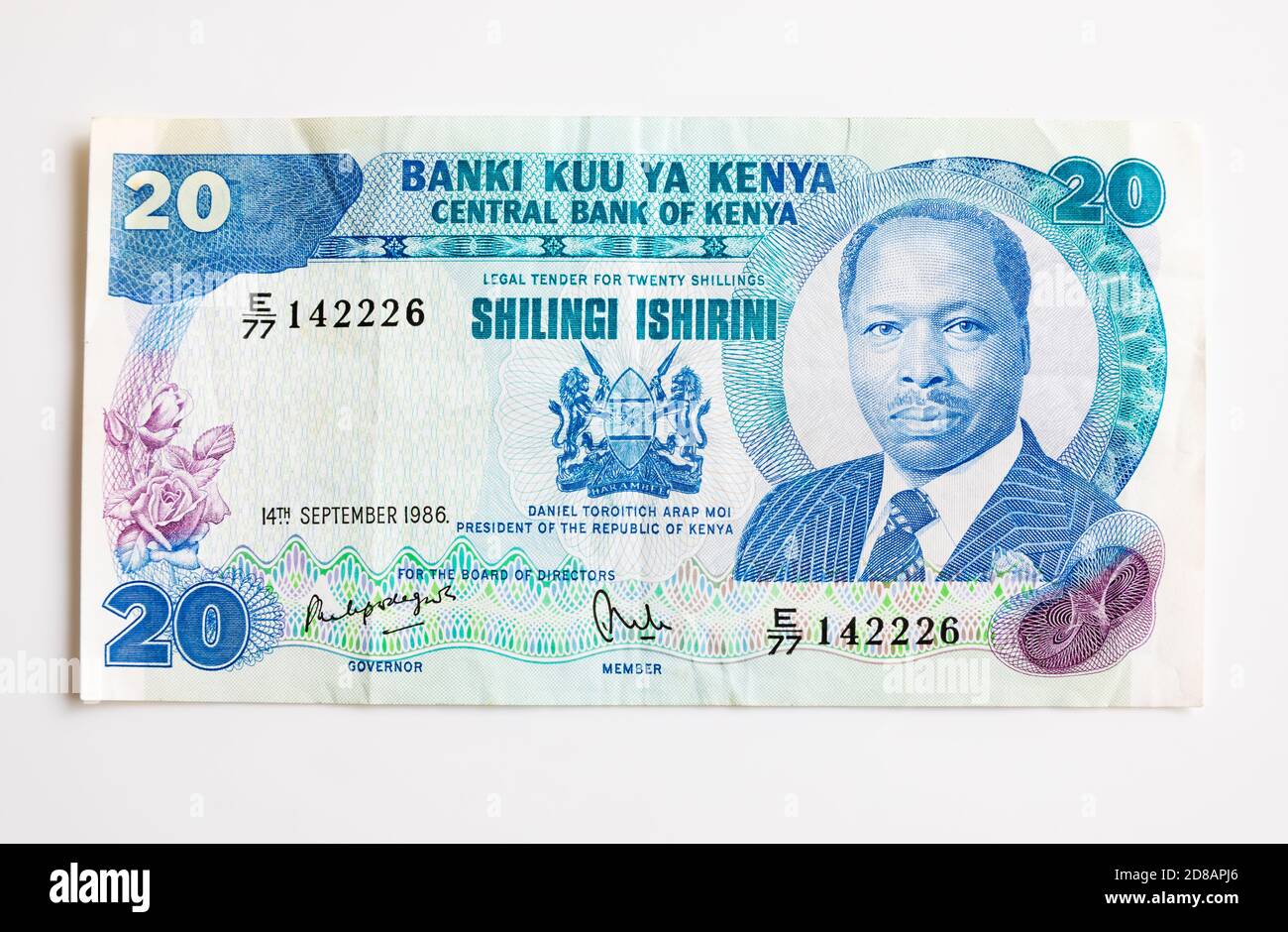 Zentralbank von Kenia, 20 Schilling Note mit Präsident Daniel Moi im Bild. Banki Kuu Ya Kenia. Stockfoto