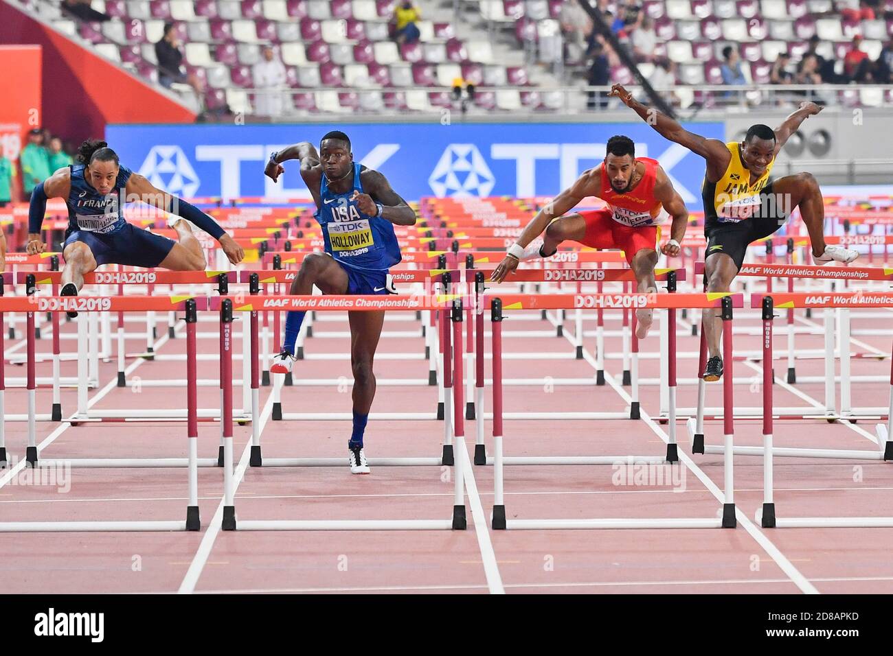 Grant Holloway, Pascal Martinot-Lagarde, Orlando Ortega, Omar McLeod. 110 Meter Hürden Finale. IAAF Leichtathletik-Weltmeisterschaften, Doha 2019 Stockfoto