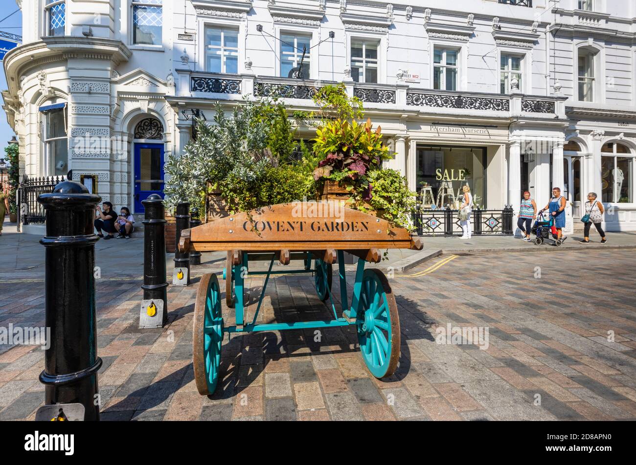 Dekorative Barrow in King Street mit dem Namen Covent Garden, London WC2 an einem sonnigen Tag außerhalb Petersham Nurseries Shop und Café eingeschrieben Stockfoto