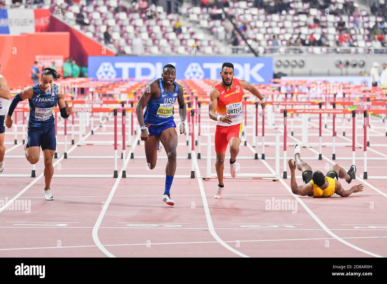 Grant Holloway, Pascal Martinot-Lagarde, Orlando Ortega, Omar McLeod. 110 Meter Hürden Finale. IAAF Leichtathletik-Weltmeisterschaften, Doha 2019 Stockfoto
