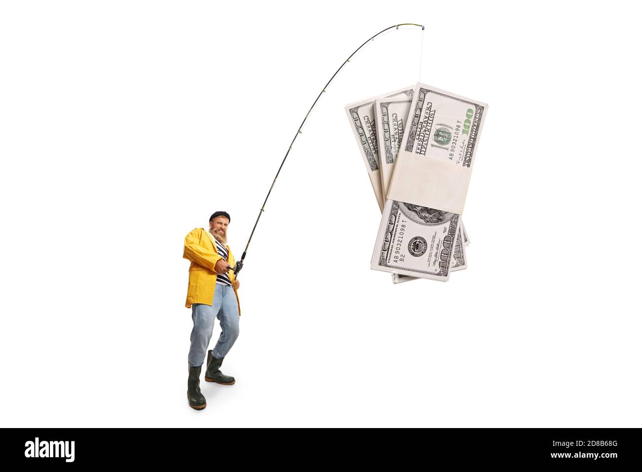 Fischer fangen Geld mit einem Angelstock isoliert auf weiß Hintergrund Stockfoto