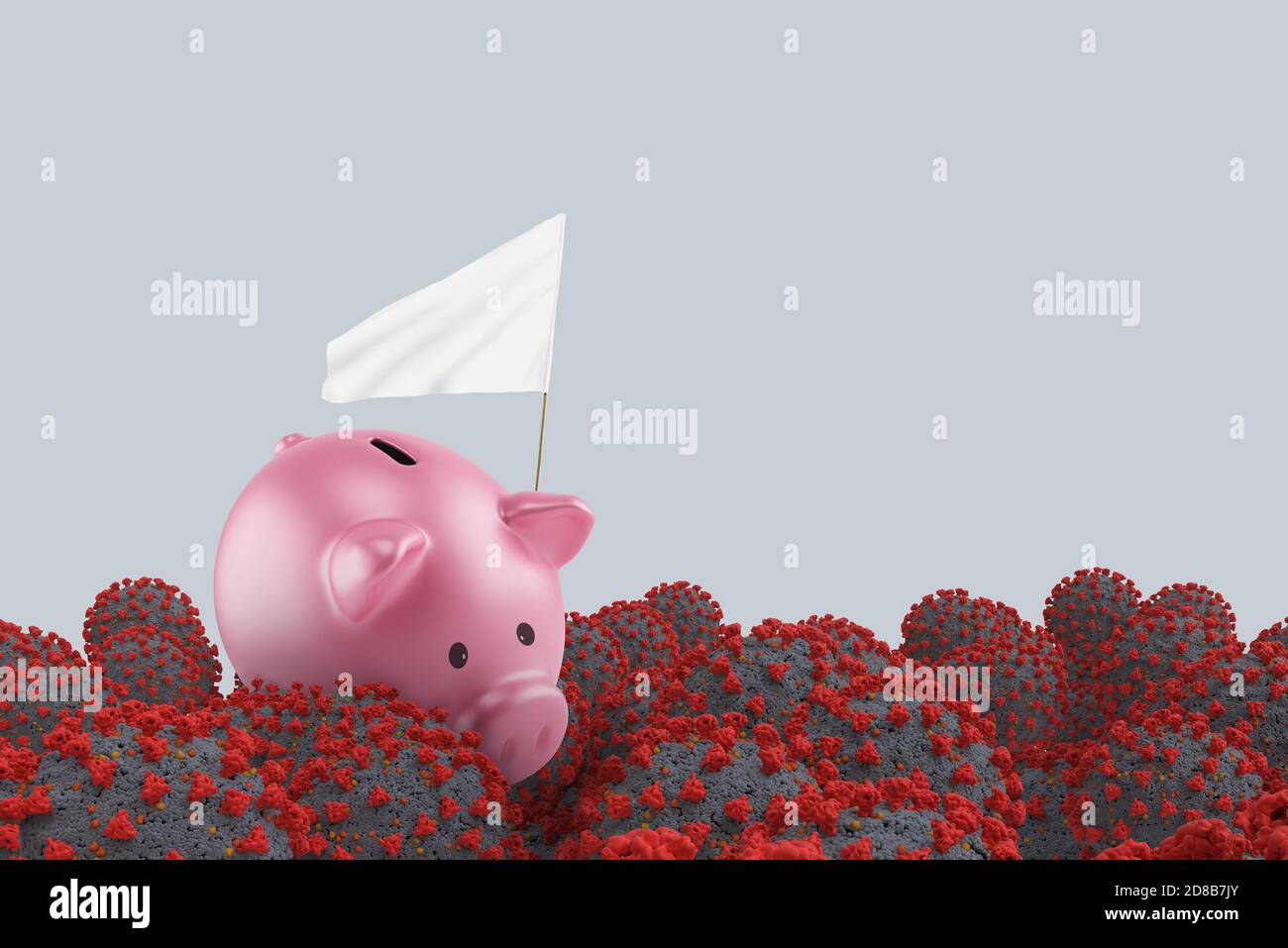 Verzweifelte Sparschwein mit der weißen Flagge als Zeichen Der Kapitulation aufgrund der globalen Krise, die durch die erzeugt Coronavirus Stockfoto