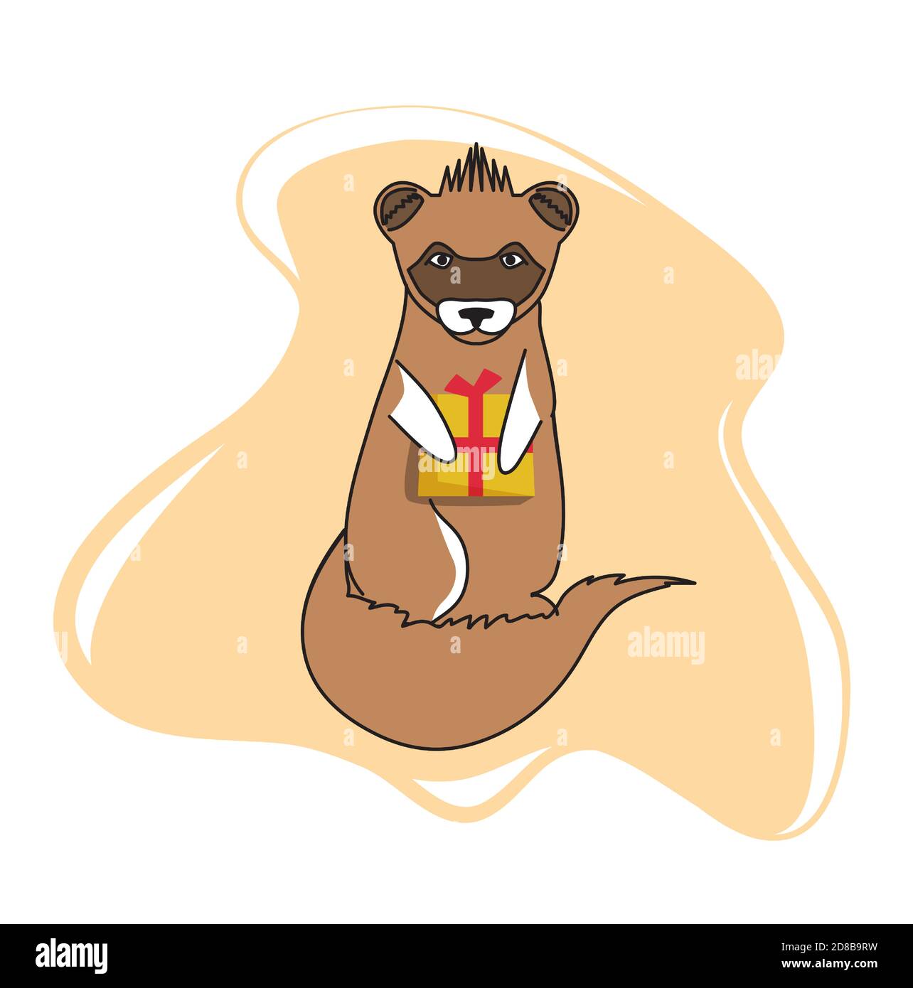 Frettchen mit einer Geschenkbox in den Pfoten. Tiere Illustration in flachen Stil Stock Vektor