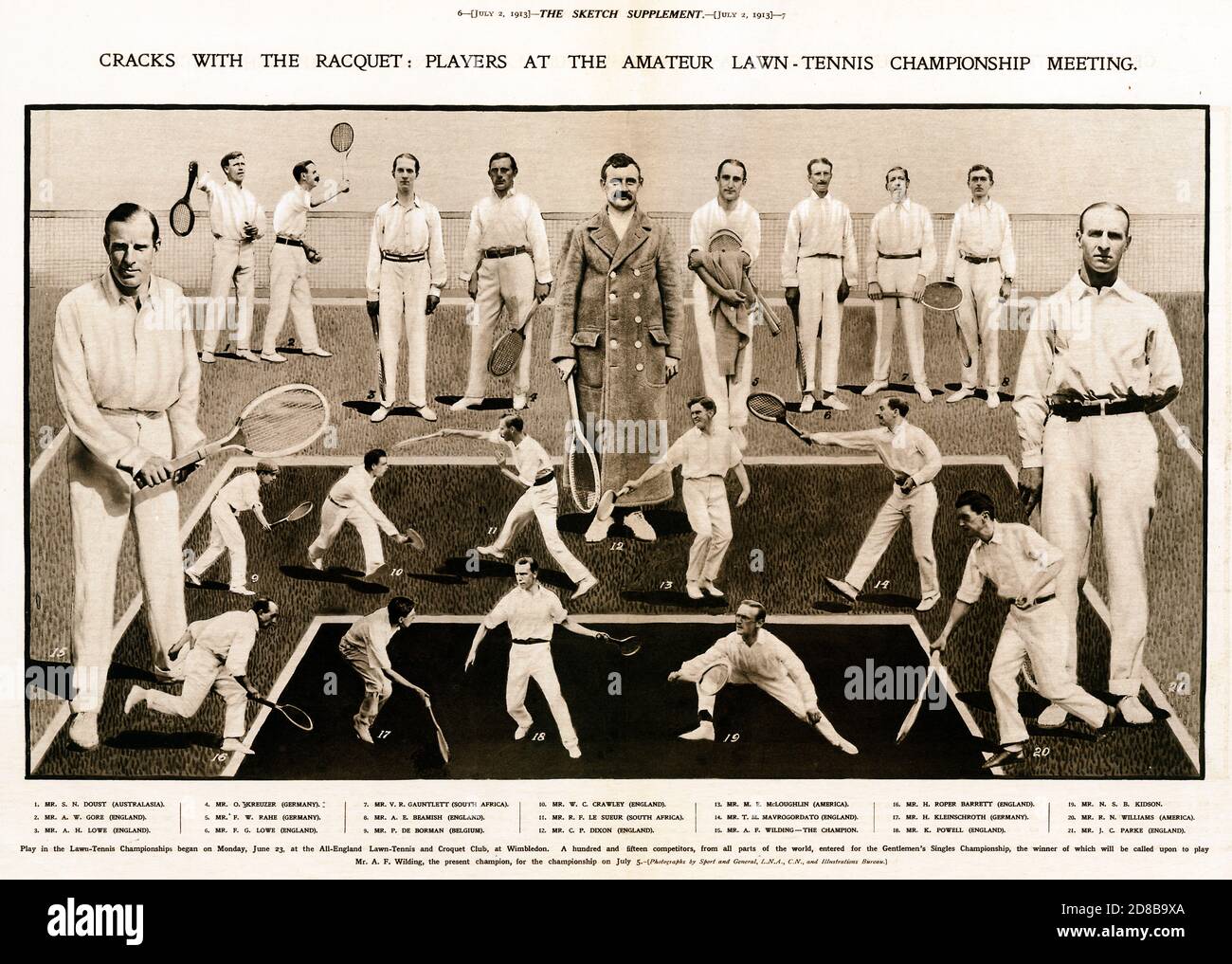 Wimbledon Players, 1913 Zeitschriftenbeilage mit Portraits aller führenden Männer-Konkurrenten bei den Lawn Tennis Championships, die um den Champion Anthony Wilding wetteifern Stockfoto