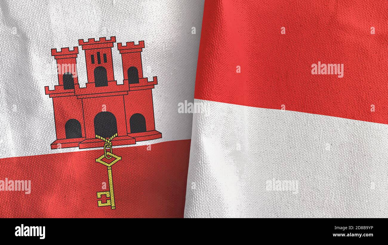 Indonesien und Gibraltar zwei Flaggen Textil-Tuch 3D-Rendering Stockfoto