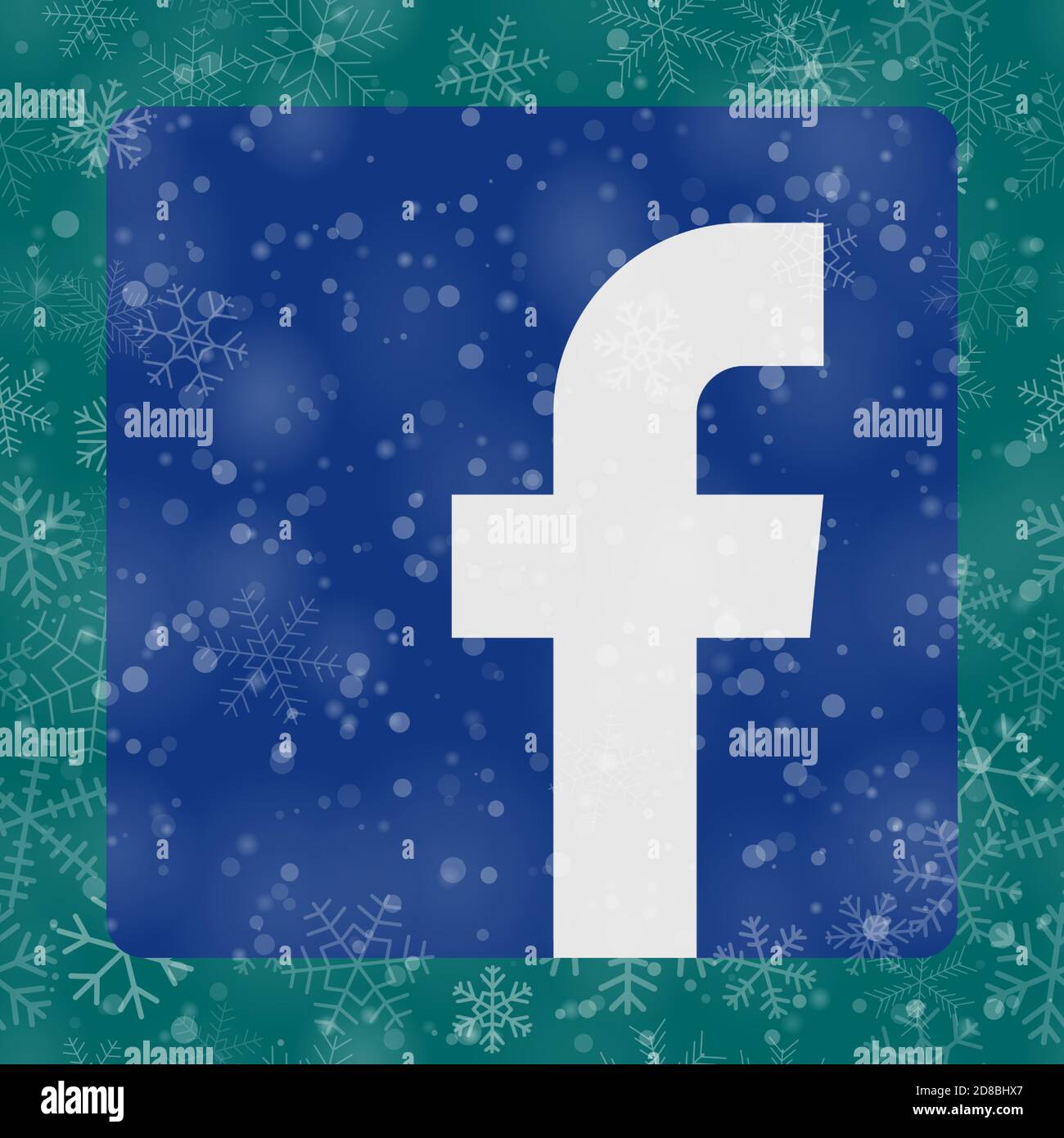 VORONEZH, RUSSLAND - 28. NOVEMBER 2020: Facebook-Logo Quadrat Symbol auf Weihnachten Hintergrund Schneeflocken in türkisfarbenen Farben Stock Vektor