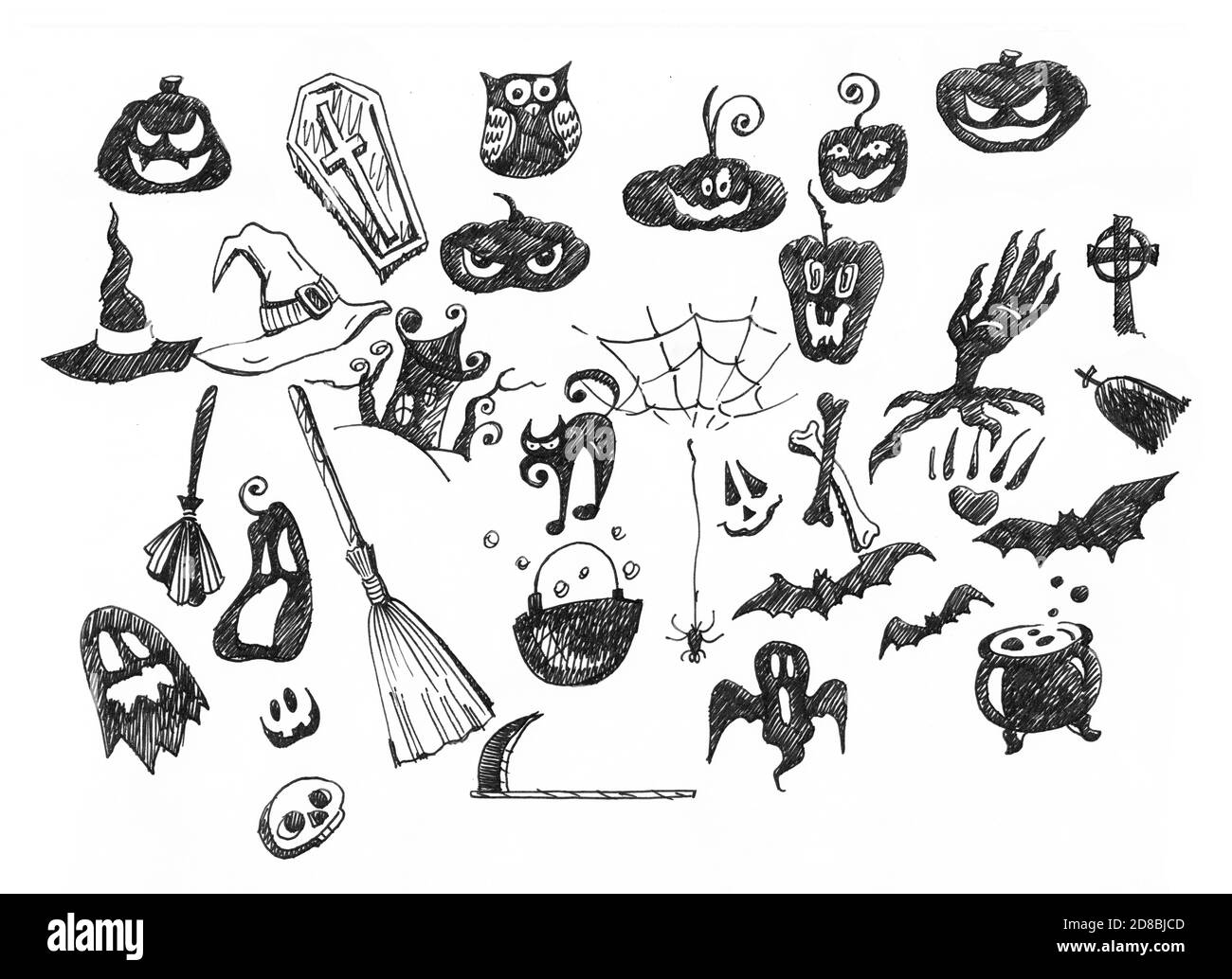 Halloween Dekoration und Hintergrund Konzept. Handgezeichnete Kollektion Stockfoto
