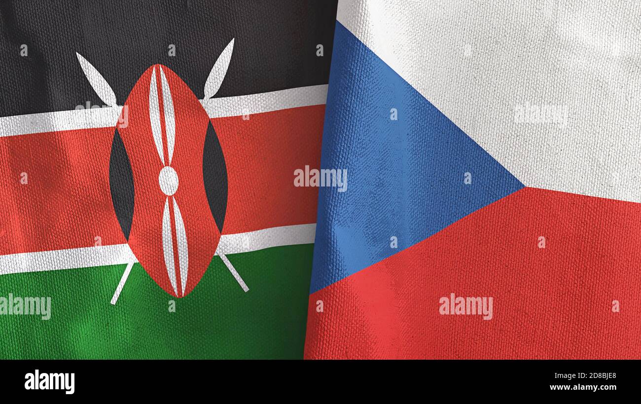 Tschechische Republik und Kenia zwei Flaggen Textil Stoff 3D-Rendering Stockfoto