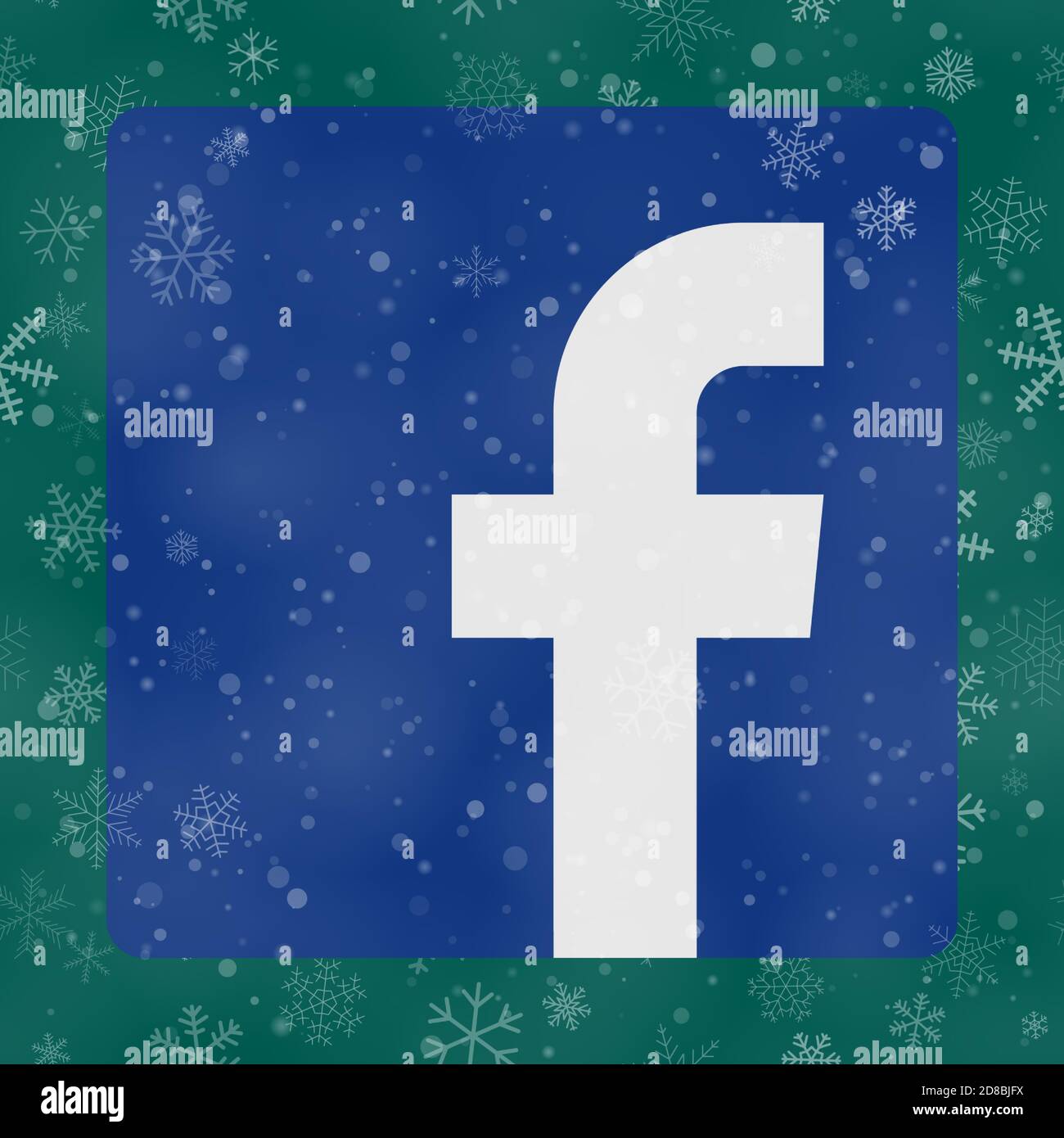 VORONEZH, RUSSLAND - 28. NOVEMBER 2020: Facebook-Logo Quadrat Symbol auf Weihnachten Hintergrund Schneeflocken in türkisfarbenen Farben Stock Vektor