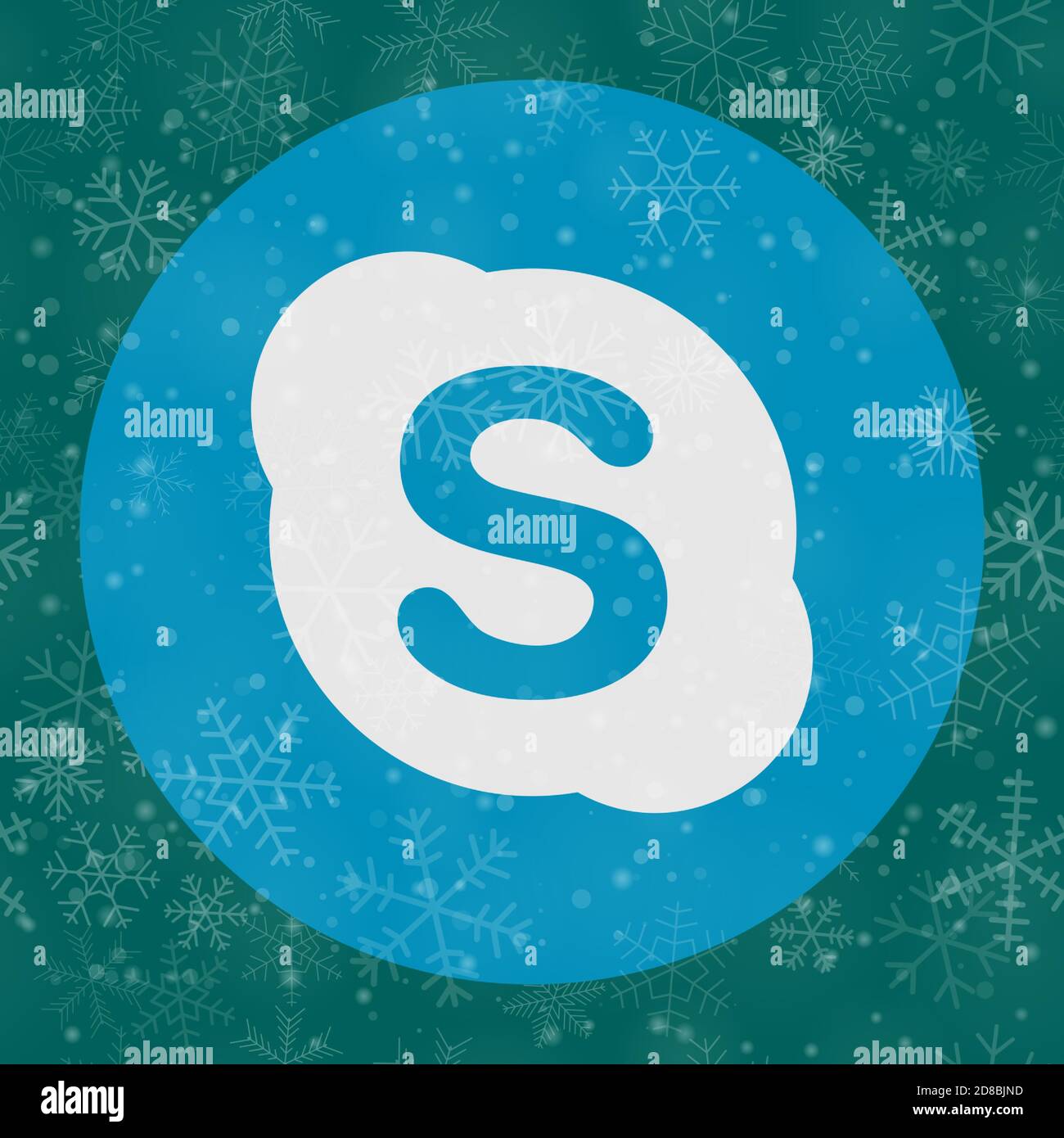 VORONEZH, RUSSLAND - 28. NOVEMBER 2020: Skype-Logo rund Symbol auf Weihnachten Hintergrund Schneeflocken in türkisfarbenen Farben Stock Vektor