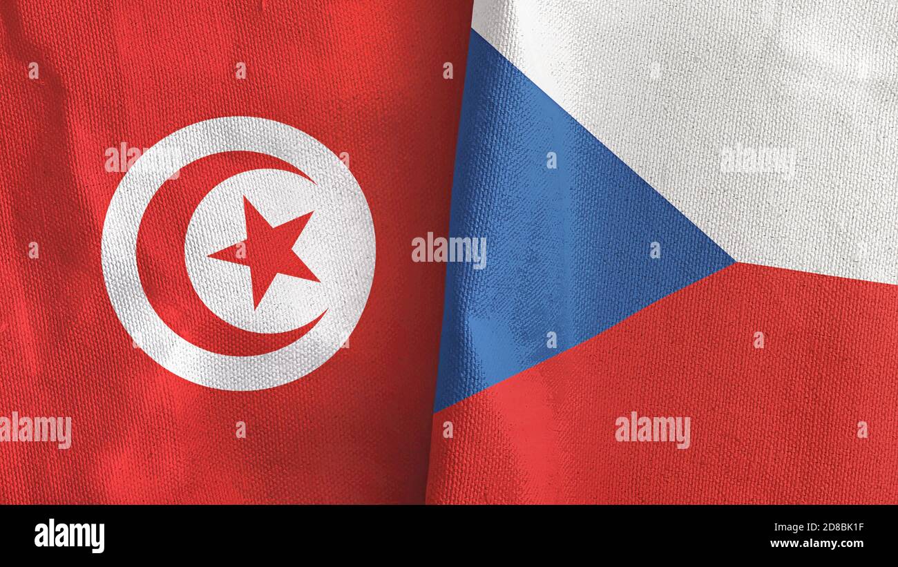 Tschechische Republik und Tunesien zwei Flaggen Textil Stoff 3D-Rendering Stockfoto