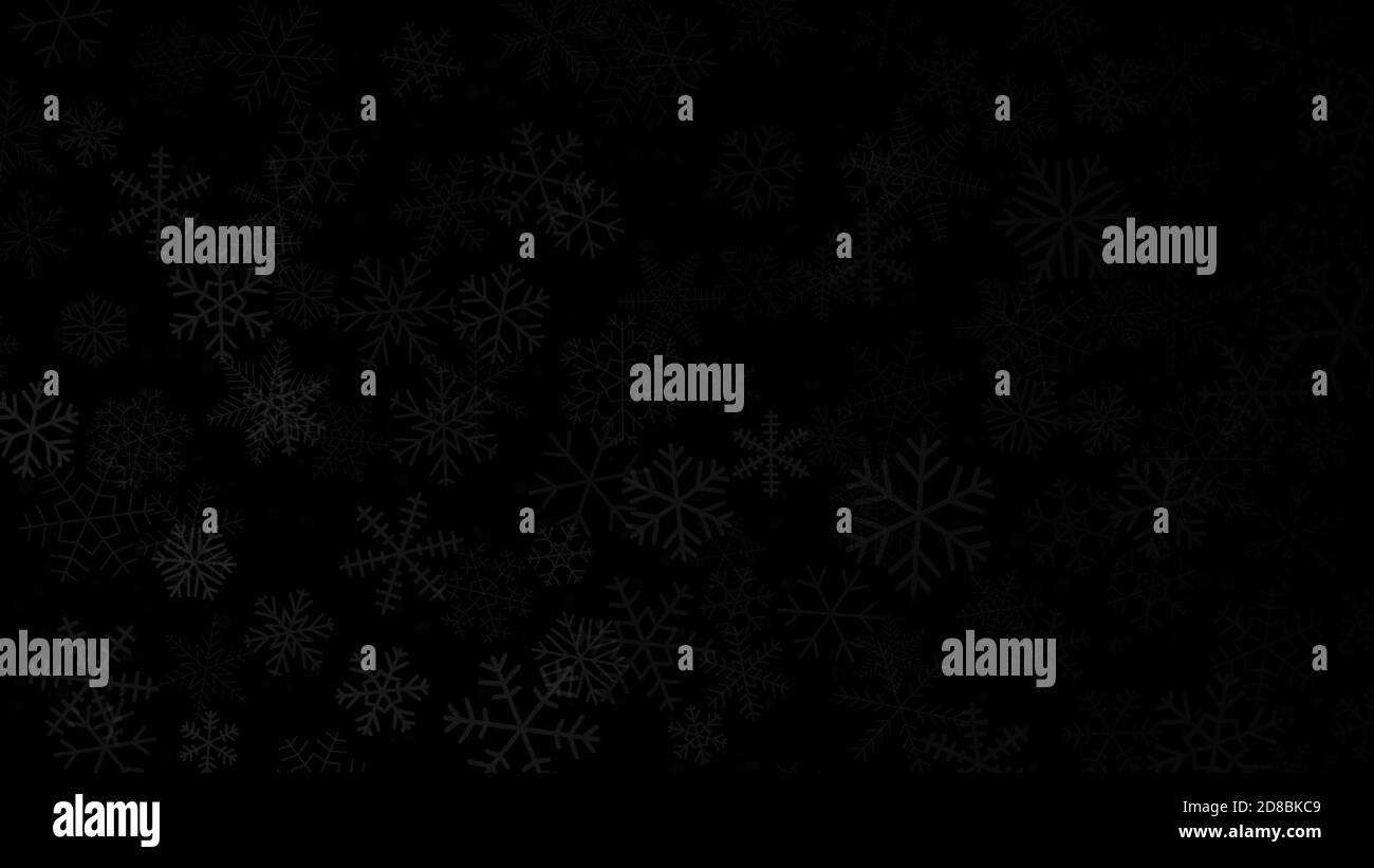 Weihnachtliche Hintergrund von Schneeflocken in verschiedenen Formen, Größen und Transparenz in schwarz und grau Farben Stock Vektor